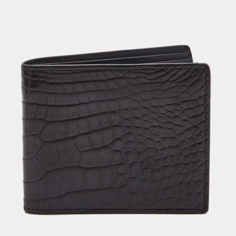 Pre Owned Saint Laurent Navy Blue Croc Embossed Leather Bifold Wallet