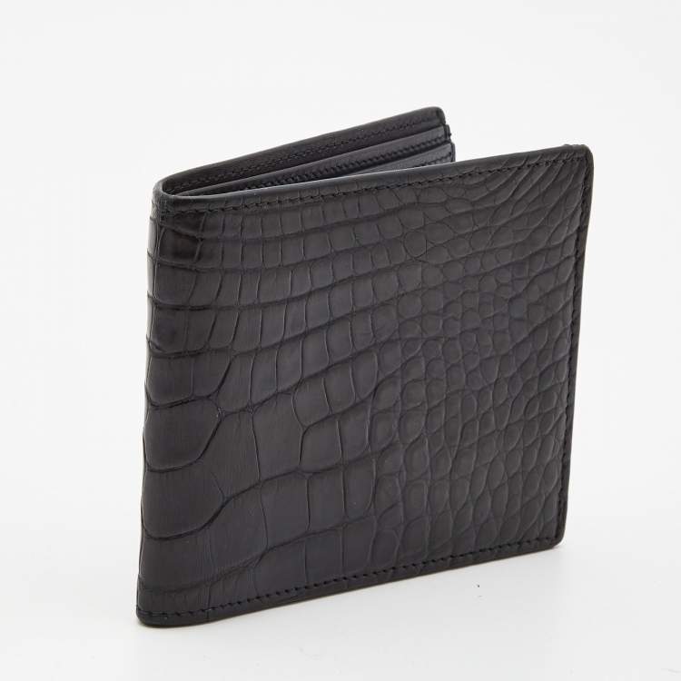 Pre Owned Saint Laurent Navy Blue Croc Embossed Leather Bifold Wallet