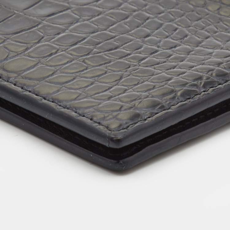 Pre Owned Saint Laurent Navy Blue Croc Embossed Leather Bifold Wallet