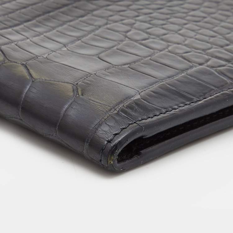 Pre Owned Saint Laurent Navy Blue Croc Embossed Leather Bifold Wallet