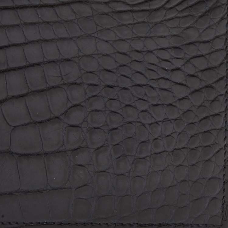 Pre Owned Saint Laurent Navy Blue Croc Embossed Leather Bifold Wallet