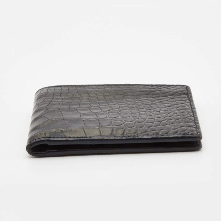 Pre Owned Saint Laurent Navy Blue Croc Embossed Leather Bifold Wallet