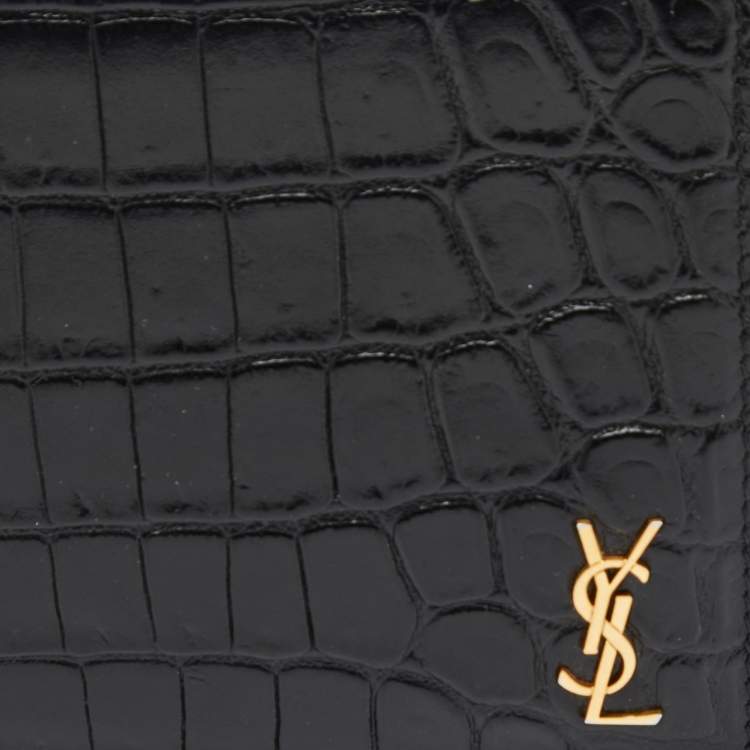 Pre Owned Saint Laurent Black Croc Embossed Leather Bifold Wallet