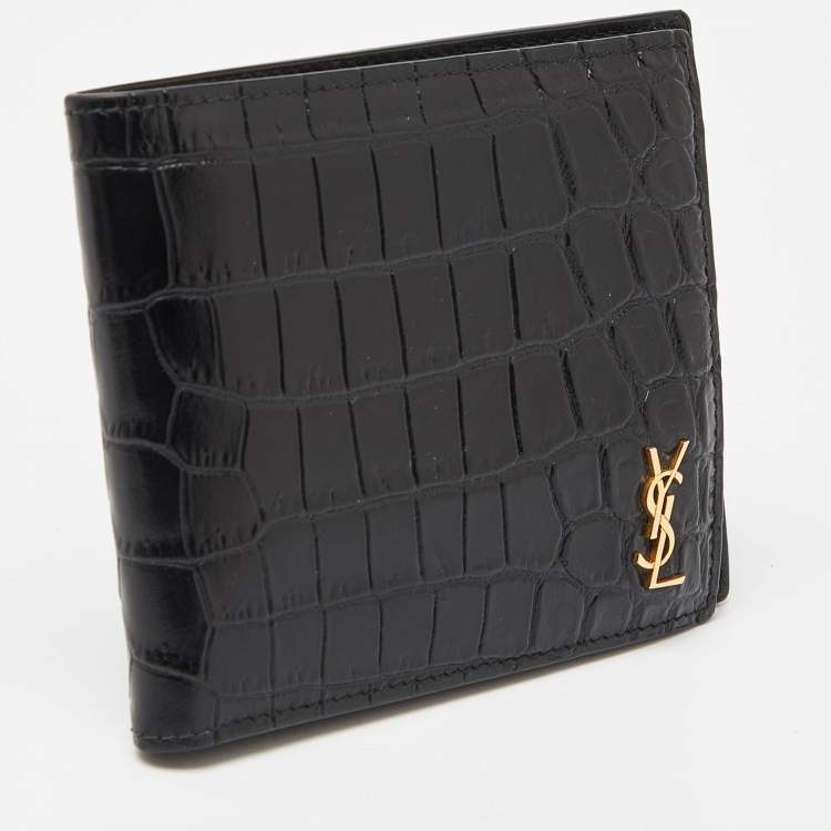 Pre Owned Saint Laurent Black Croc Embossed Leather Bifold Wallet