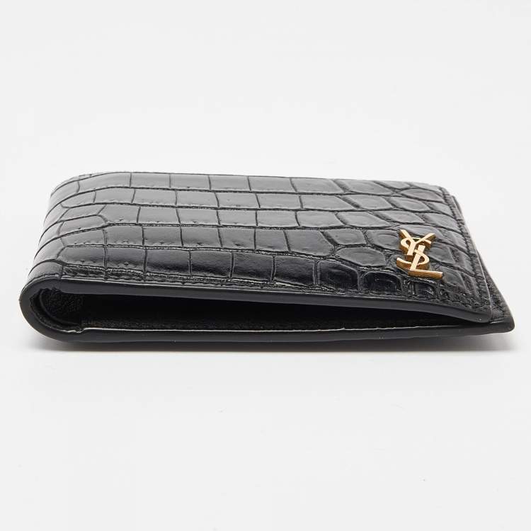 Pre Owned Saint Laurent Black Croc Embossed Leather Bifold Wallet