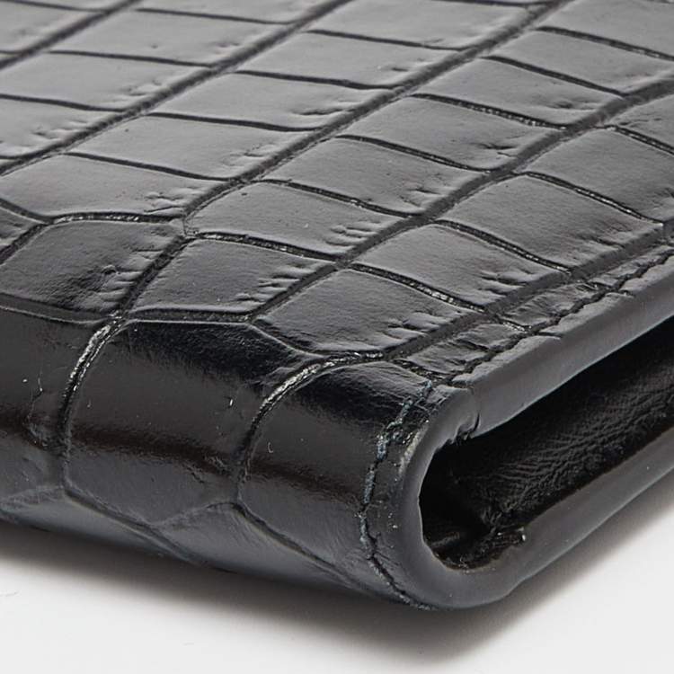 Pre Owned Saint Laurent Black Croc Embossed Leather Bifold Wallet