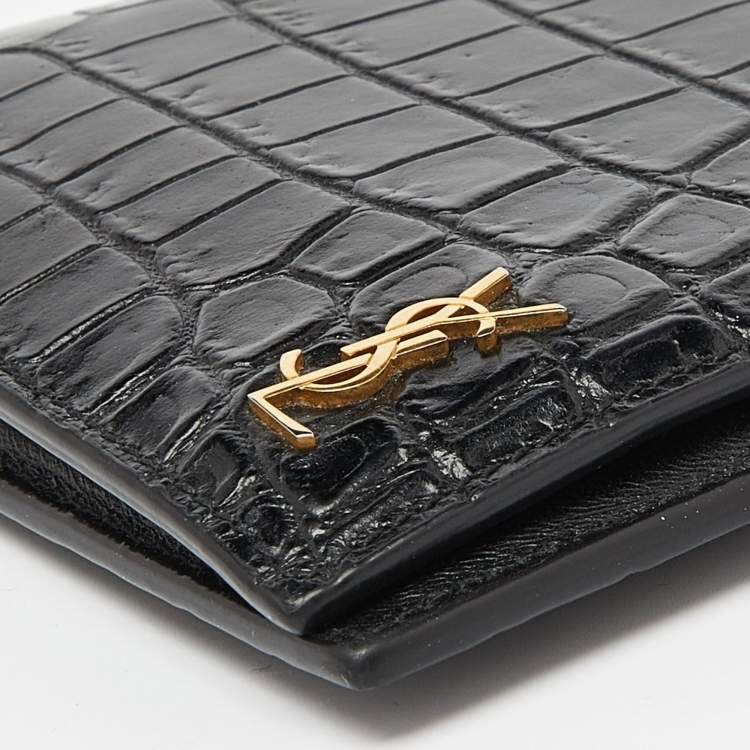 Pre Owned Saint Laurent Black Croc Embossed Leather Bifold Wallet