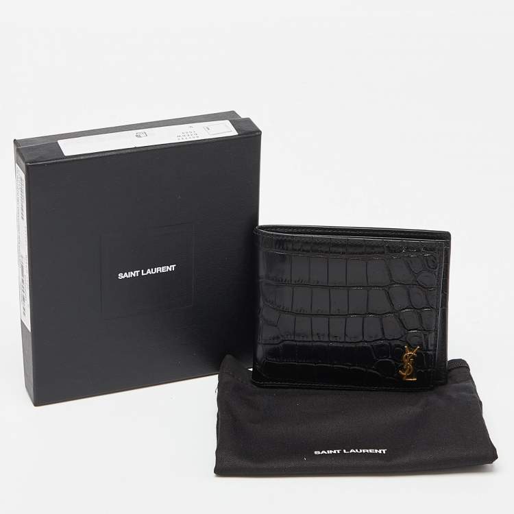 Pre Owned Saint Laurent Black Croc Embossed Leather Bifold Wallet