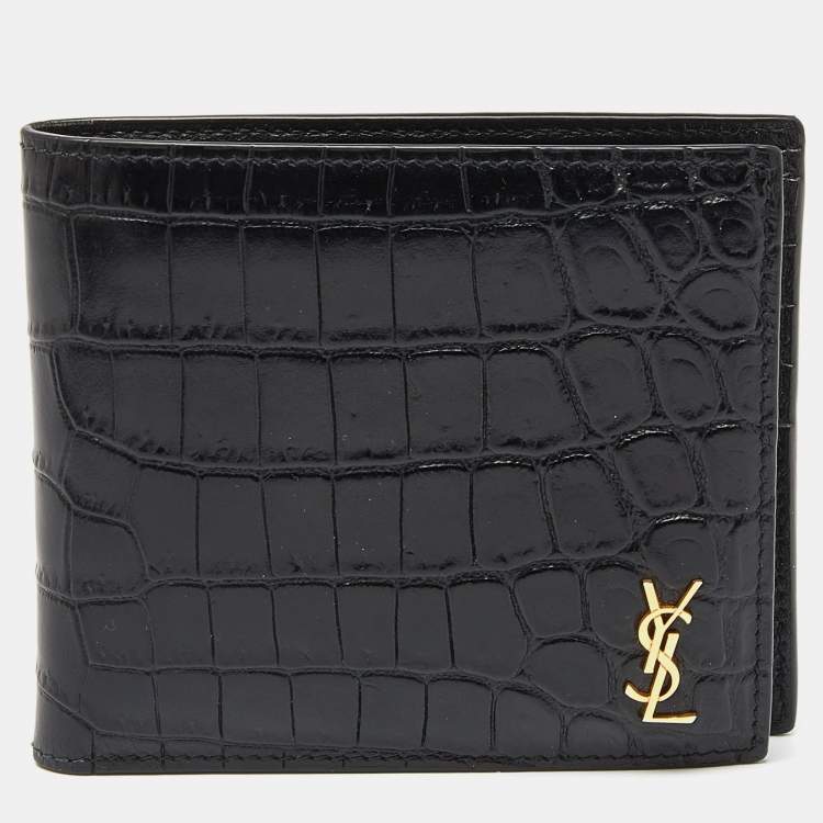 Pre Owned Saint Laurent Black Croc Embossed Leather Bifold Wallet