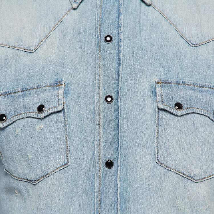 Pre Owned Saint Laurent Blue Distressed Denim Shirt M