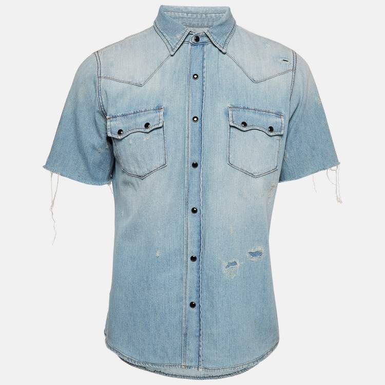 Pre Owned Saint Laurent Blue Distressed Denim Shirt M