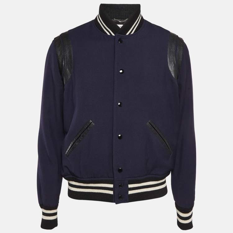 Pre Owned Saint Laurent Blue/Black Leather Trim Wool Bomber Jacket L