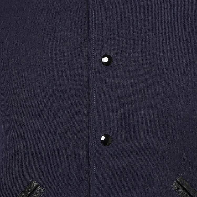 Pre Owned Saint Laurent Blue/Black Leather Trim Wool Bomber Jacket L