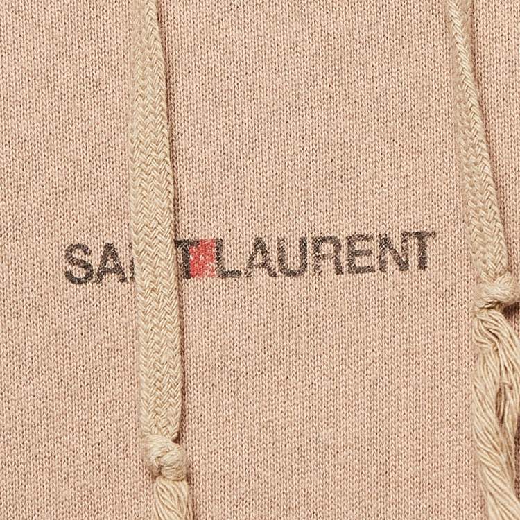 Pre Owned  Saint Laurent Beige Logo Print Cotton Knit Hoodie L
