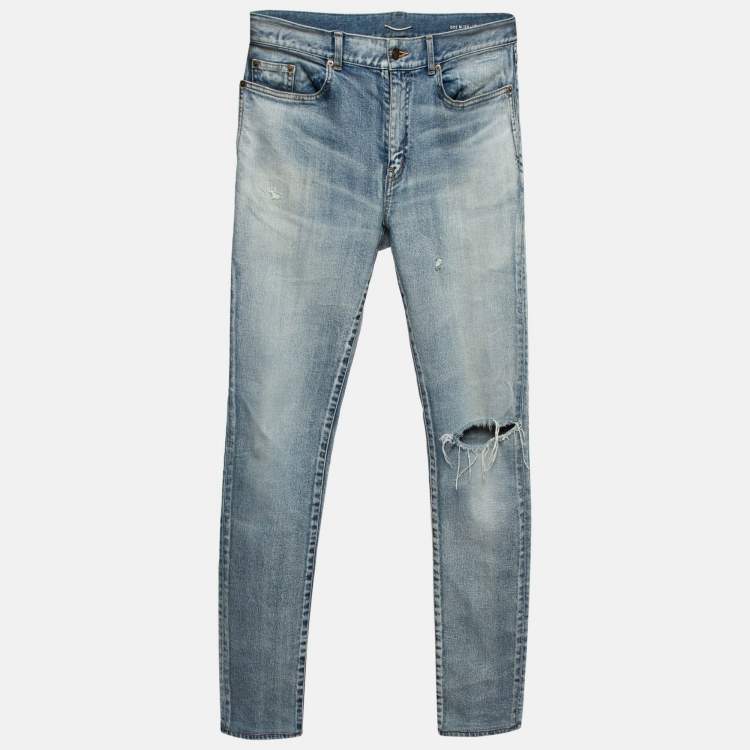 Pre Owned Saint Laurent Blue Washed & Distressed Jeans L (Waist 34)