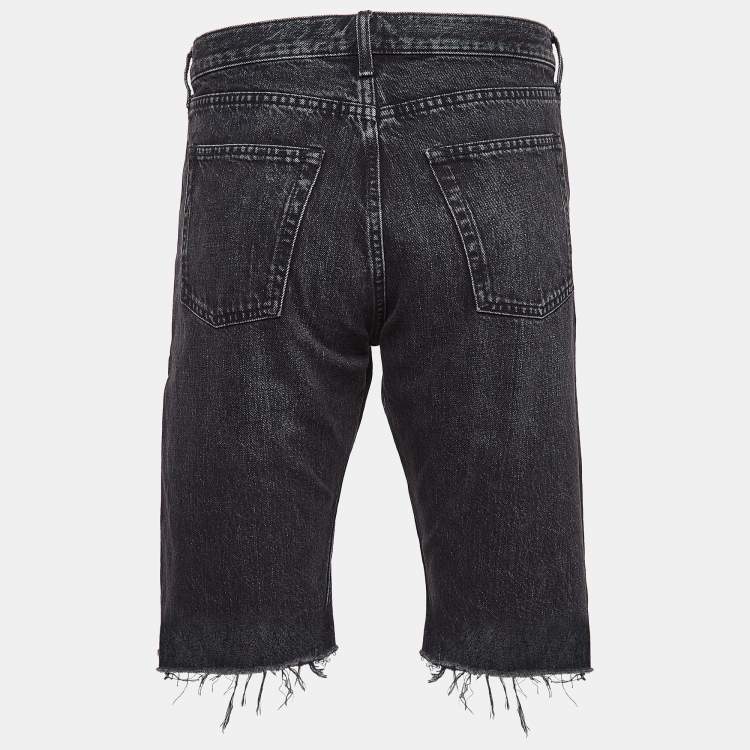 مملوكة مسبقًا Saint Laurent Paris Black Washed Denim Raw Edge Shorts Waist 32"