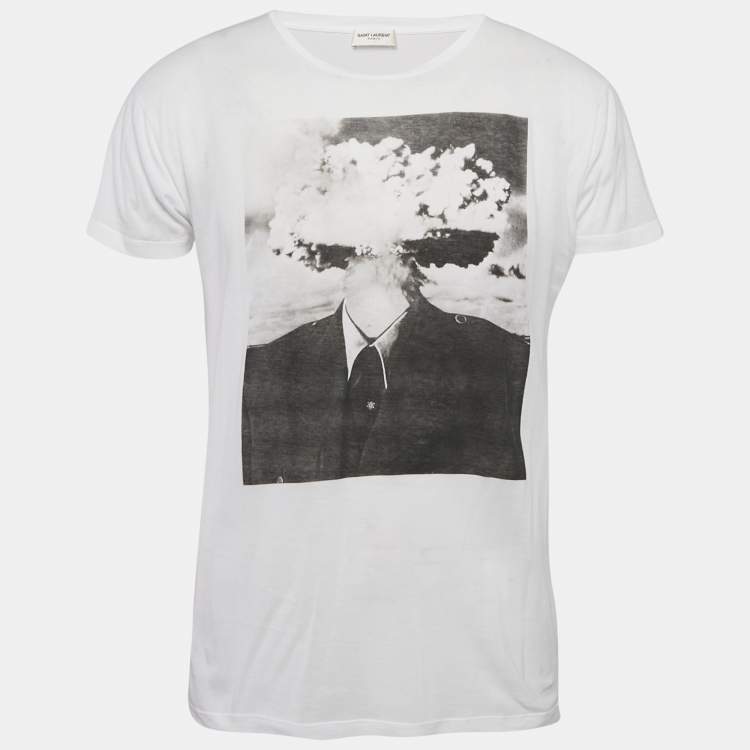 Pre Owned Saint Laurent White Printed Jersey Crew Neck T-Shirt S