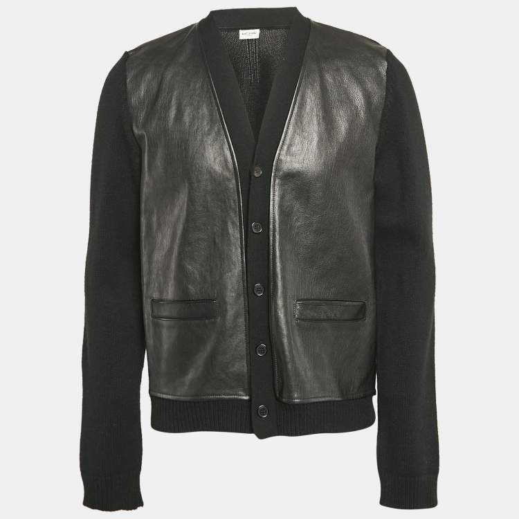 Pre Owned Saint Laurent Paris Black Wool Knit and Leather Jacket XL