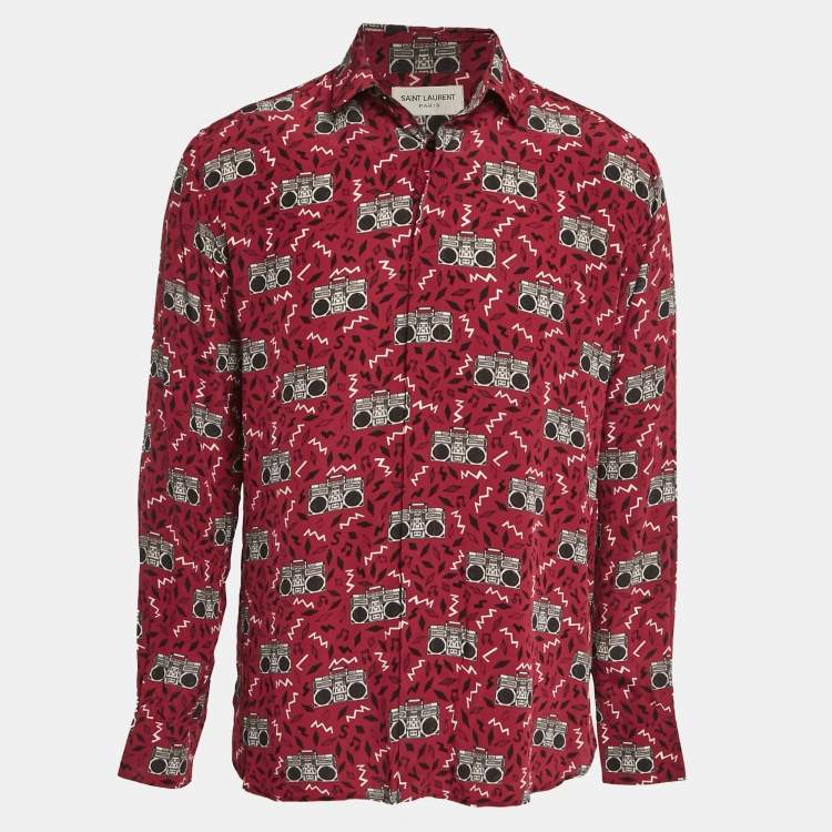 Pre Owned Saint Laurent Paris Red Printed Silk Long Sleeve Shirt M