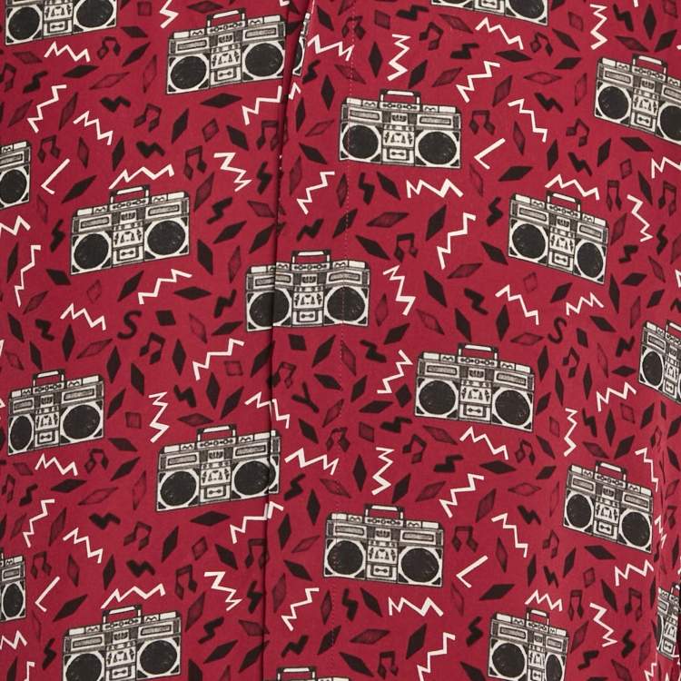 Pre Owned Saint Laurent Paris Red Printed Silk Long Sleeve Shirt M