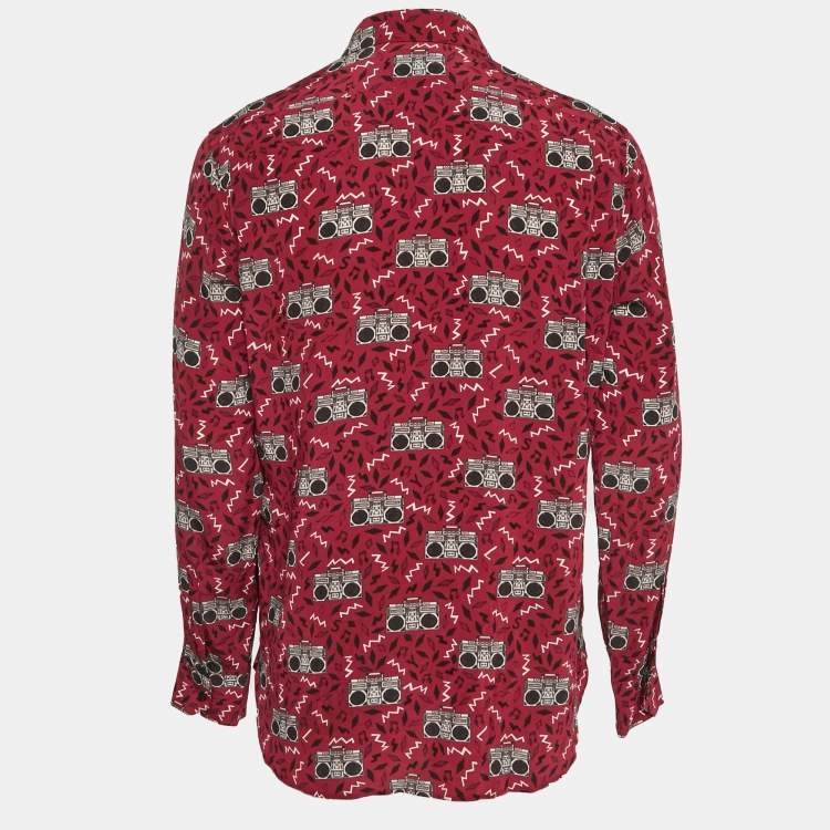 Pre Owned Saint Laurent Paris Red Printed Silk Long Sleeve Shirt M