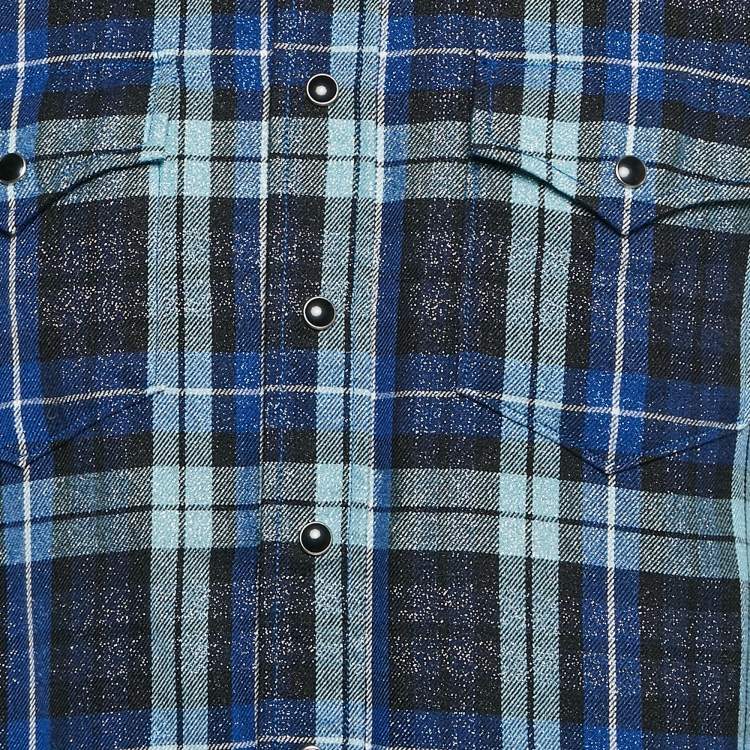 Pre Owned Saint Laurent Blue/Metallic Lurex Plaid Flannel Shirt L