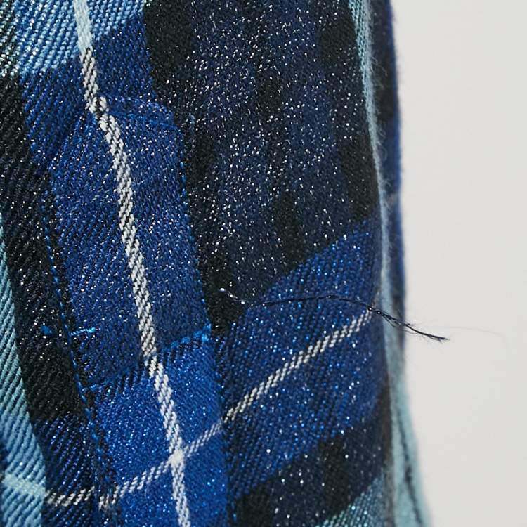 Pre Owned Saint Laurent Blue/Metallic Lurex Plaid Flannel Shirt L