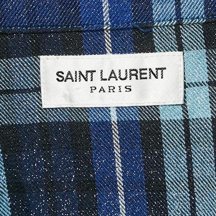 Pre Owned Saint Laurent Blue/Metallic Lurex Plaid Flannel Shirt L