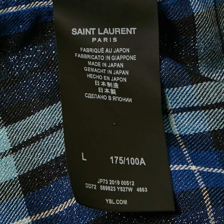 Pre Owned Saint Laurent Blue/Metallic Lurex Plaid Flannel Shirt L