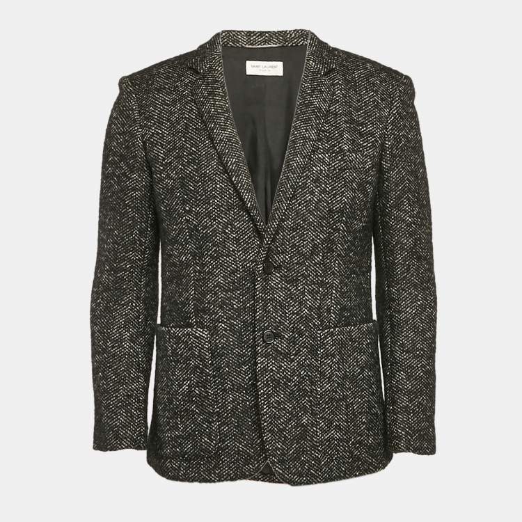 Pre Owned Saint Laurent Grey Herringbone Tweed Double Pea Coat M