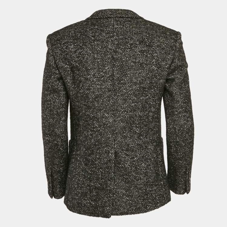 Pre Owned Saint Laurent Grey Herringbone Tweed Double Pea Coat M