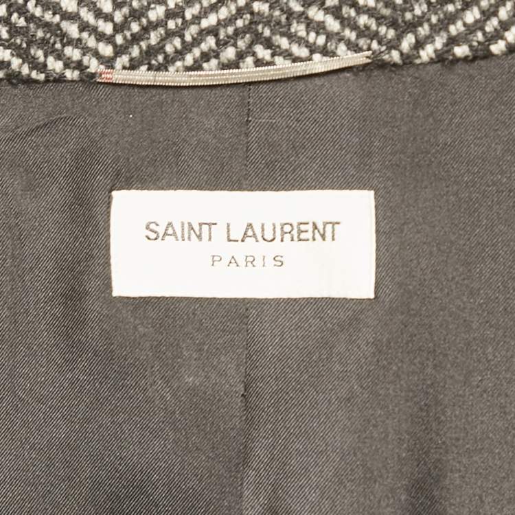 Pre Owned Saint Laurent Grey Herringbone Tweed Double Pea Coat M