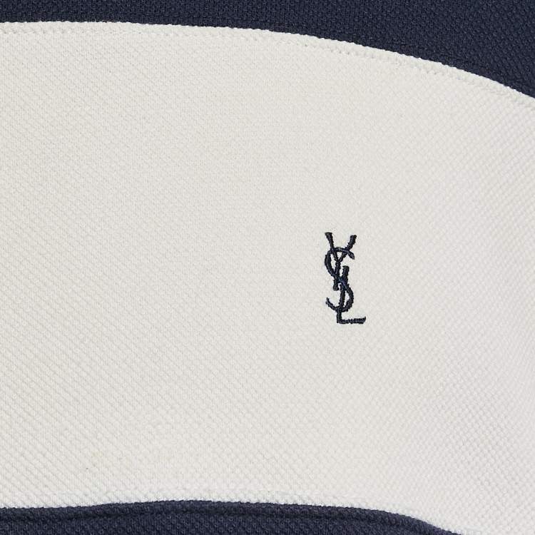 Pre Owned Yves Saint Laurent Vintage Blue/White Striped Cotton Pique Long Sleeve T-Shirt L 