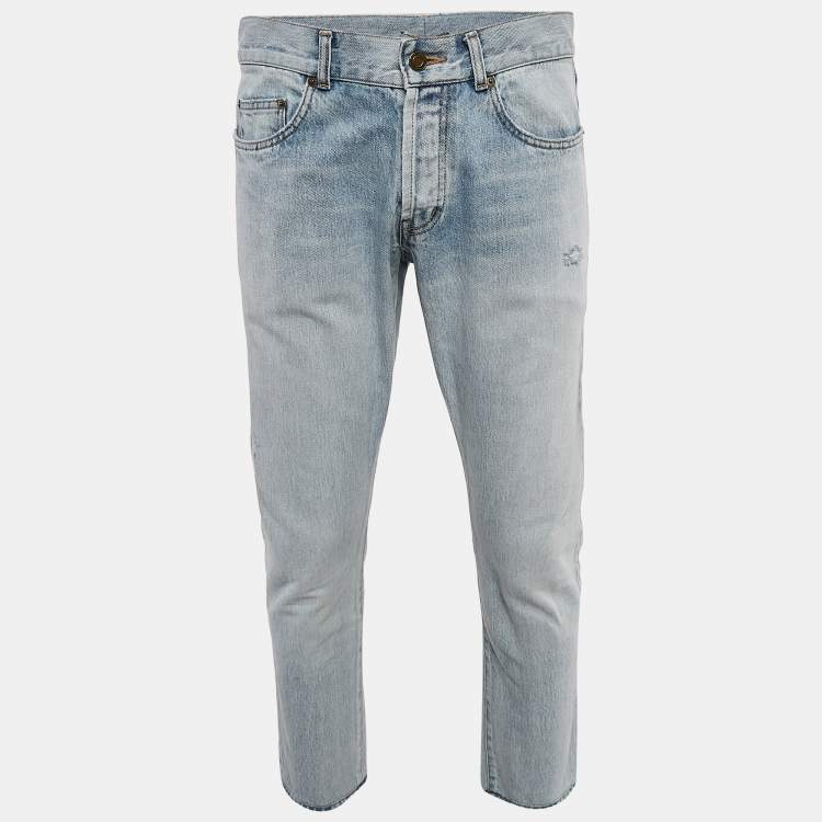 Pre Owned Saint Laurent Paris Light Blue Denim Ripped Jeans Waist 33"