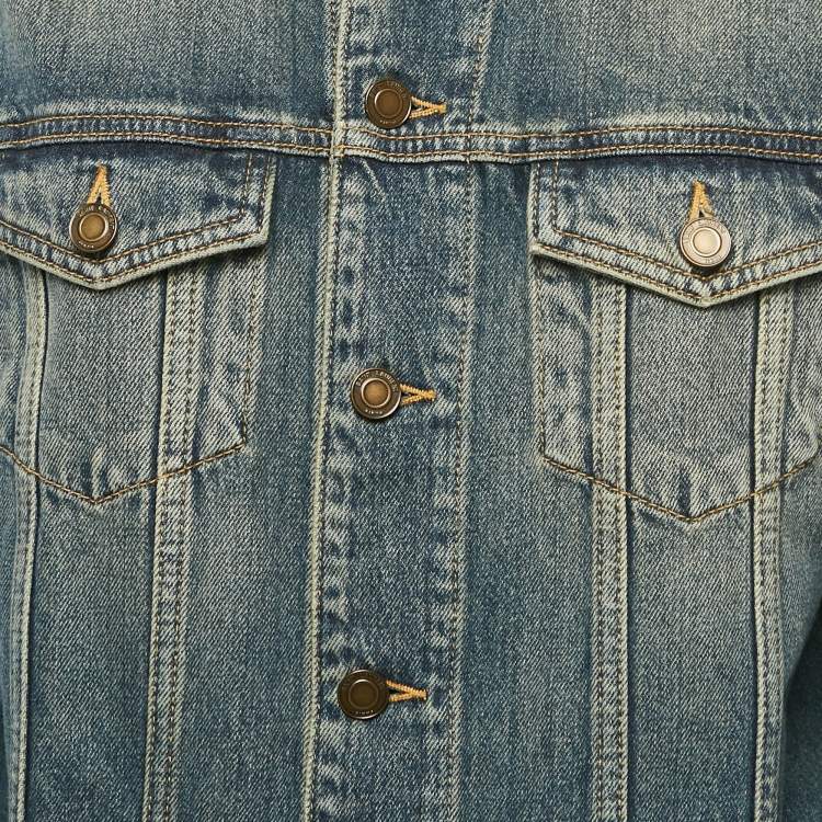 Pre Owned Saint Laurent Blue Washed Denim Collar Leather Trimmed Jacket L
