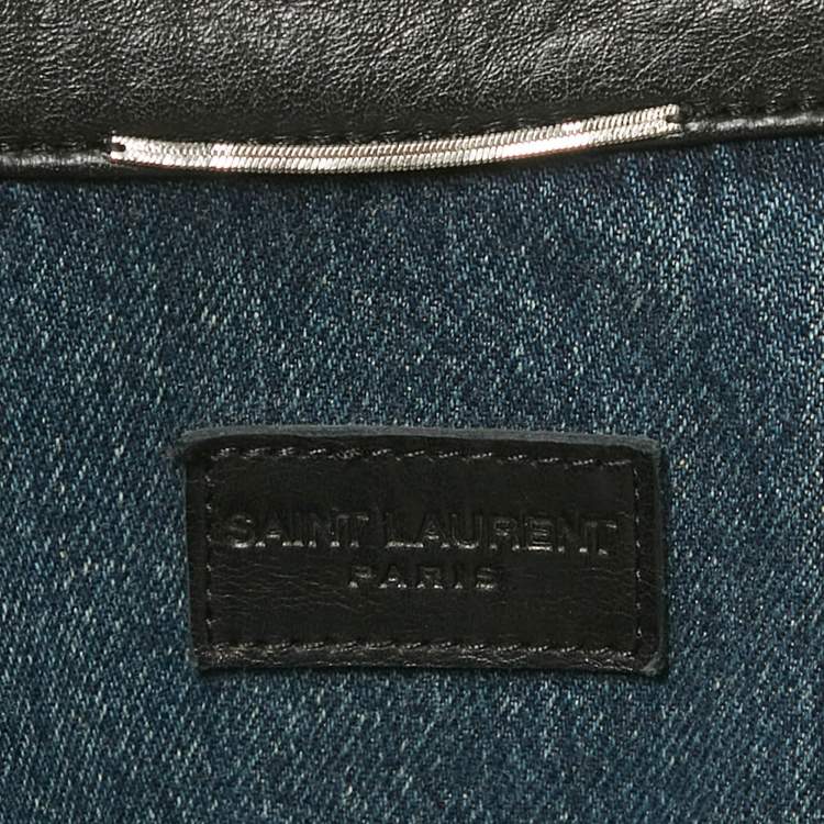Pre Owned Saint Laurent Blue Washed Denim Collar Leather Trimmed Jacket L