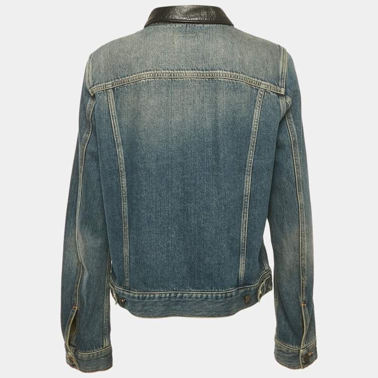 Pre Owned Saint Laurent Blue Washed Denim Collar Leather Trimmed Jacket L