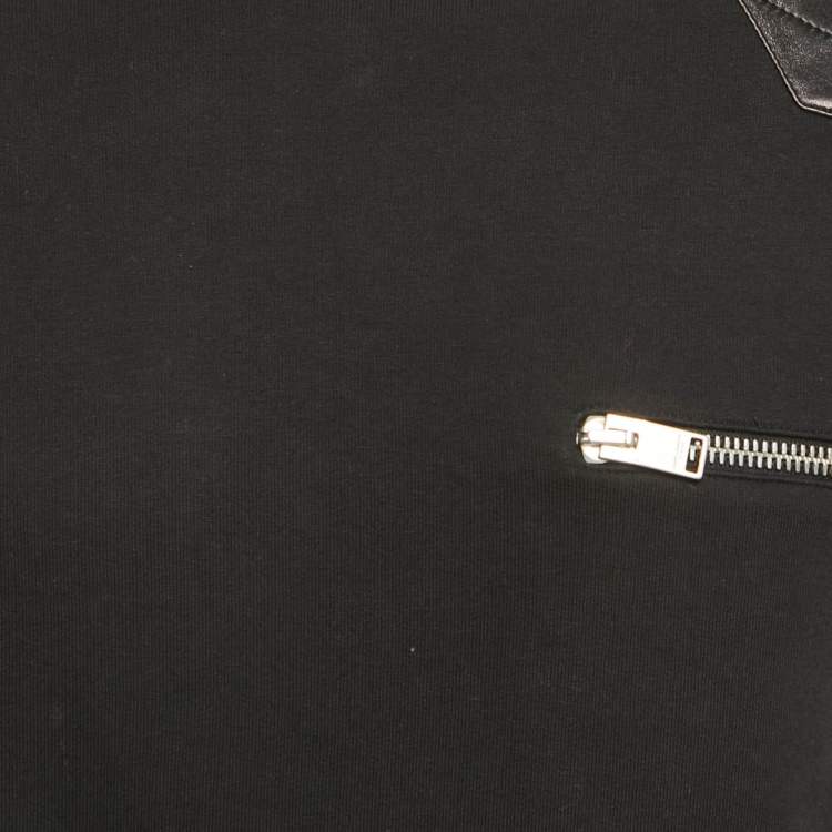 Pre Owned Saint Laurent Paris Black Leather Trim Cotton Crewneck Sweatshirt L