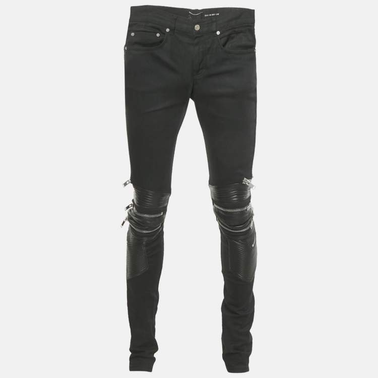 Pre Owned Saint Laurent Paris Black Denim and Leather Trim Jeans M Waist 32"