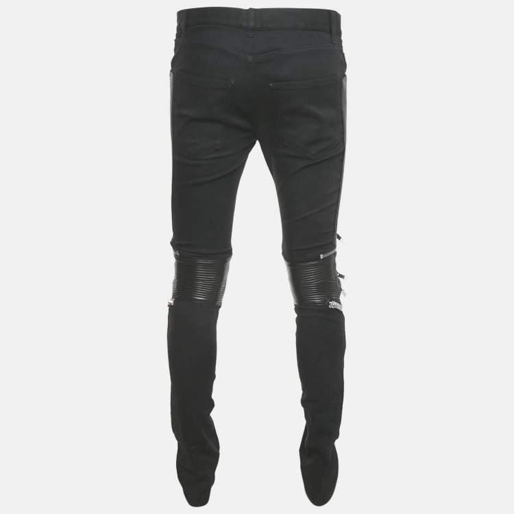 Pre Owned Saint Laurent Paris Black Denim and Leather Trim Jeans M Waist 32"