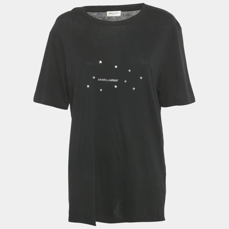 Pre Owned Saint Laurent Paris Black Stars Archive Logo Print Cotton Crew Neck T-Shirt L