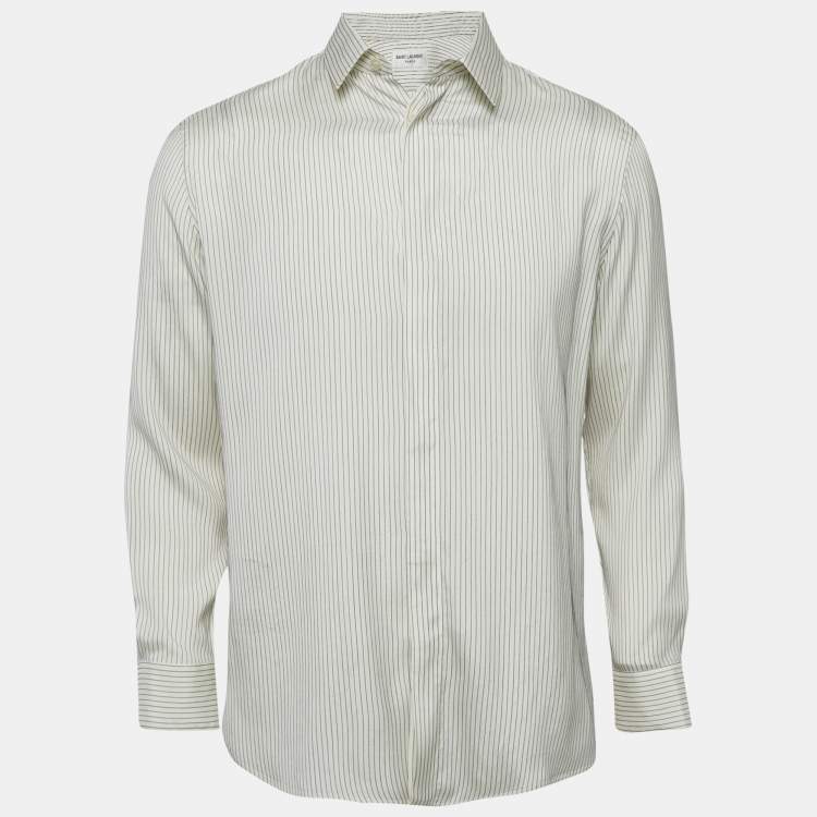 Pre Owned Saint Laurent White Pinstripe Silk Eve Kara Classic Shirt M