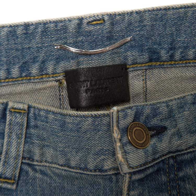 Pre Owned Saint Laurent Paris Blue Light Wash Faded Effect Distressed Denim Jeans M
