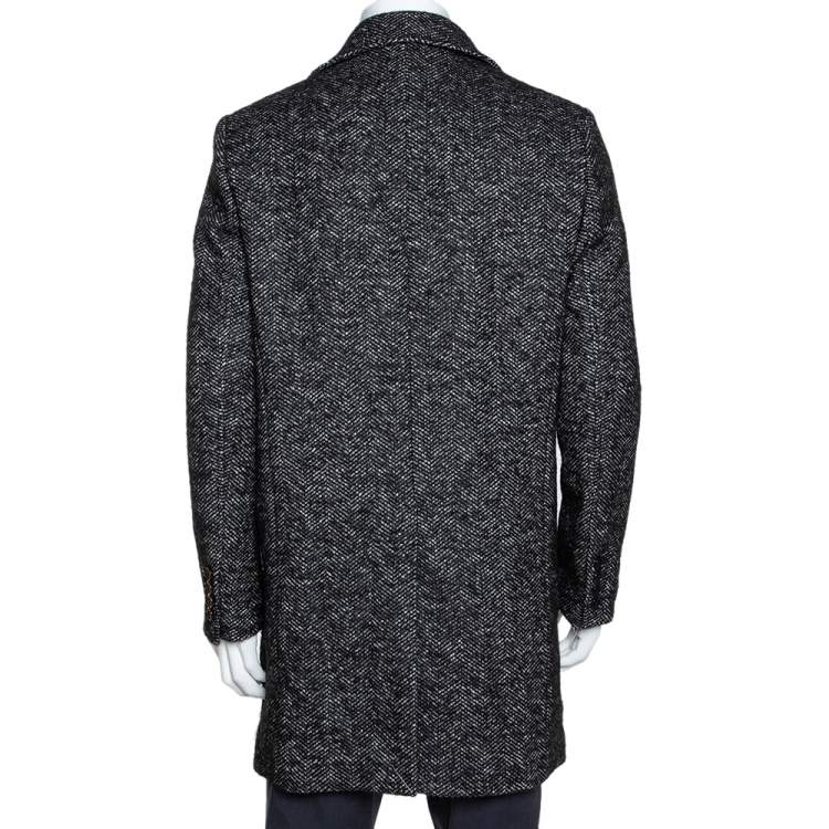 Pre Owned Saint Laurent Paris Monochrome Chevron Tweed Double Breasted Pea Coat L 