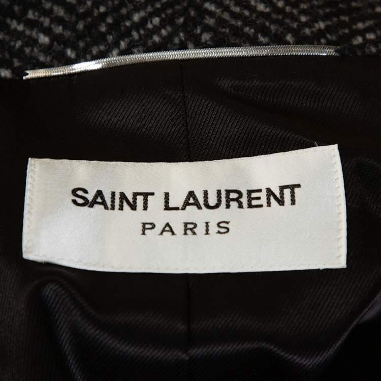 Pre Owned Saint Laurent Paris Monochrome Chevron Tweed Double Breasted Pea Coat L 