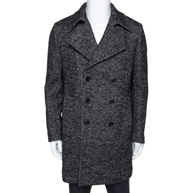 Pre Owned Saint Laurent Paris Monochrome Chevron Tweed Double Breasted Pea Coat L 