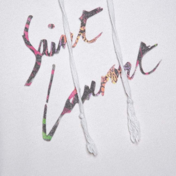 Pre Owned Saint Laurent Paris Washed Out Ecru Distressed Knit Animalier Signature Print Hoodie L 