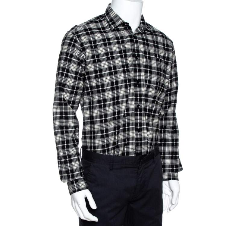 Pre Owned Saint Laurent Paris Monochrome Checked Cotton & Wool Distressed Shirt M
