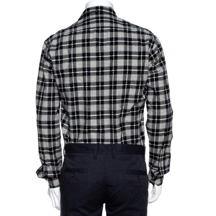 Pre Owned Saint Laurent Paris Monochrome Checked Cotton & Wool Distressed Shirt M