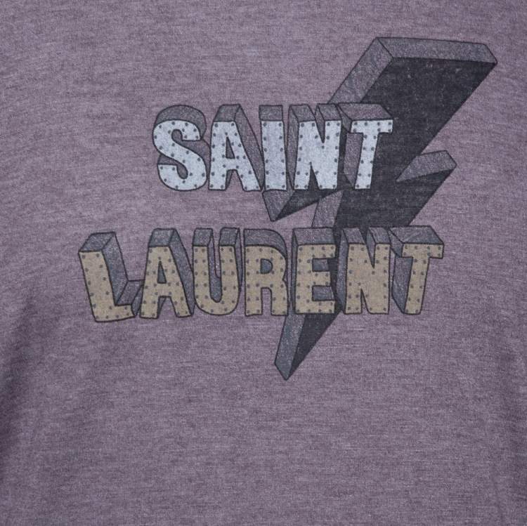 Pre Owned Saint Laurent Paris Purple Thunder Logo Printed Knit T Shirt L